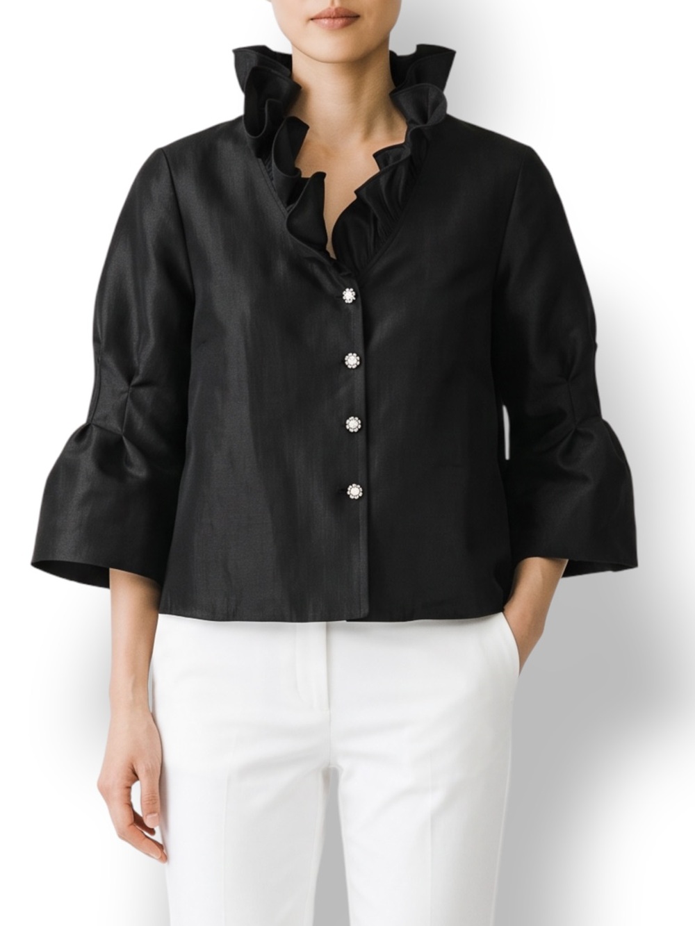 4/$20 Nicolette Black Ruffle Collar Rhinestone Button Bell Sleeve Jacket 12